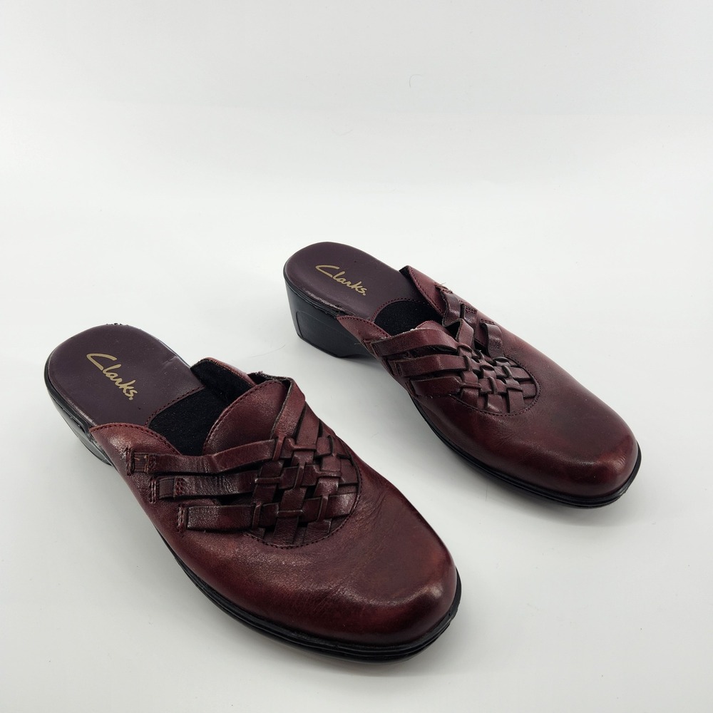Clarks Leather Woven Mule Clogs Size 8.5W Wide Width Burgundy Comfort Shoesโ
